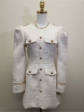 Aimili Cream Tweed Mini Dress Coat Gold Button Structured Preppy Size Medium
